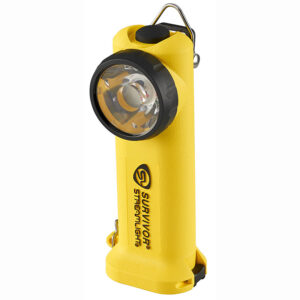 Yellow handheld survival flashlight with a large round head and a metal carrying handle.
