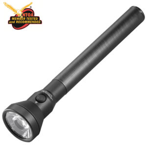 Black handheld flashlight with a ribbed, cylindrical body and a large, circular lens; logo reading 'NTOA Member Tested and Recommended' appears in the upper-left corner.