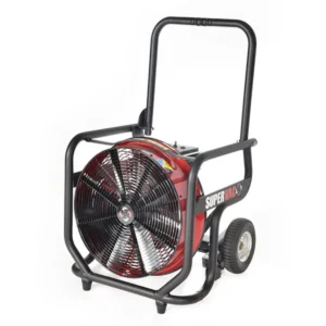 Portable wheeled air blower/fan with a red housing and a large front fan, frame handle, and two wheels labeled SUPER VAC- for heavy-duty ventilation.
