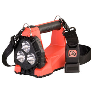 Red and black headlamp with three LED lights and an adjustable strap for hands-free illumination.