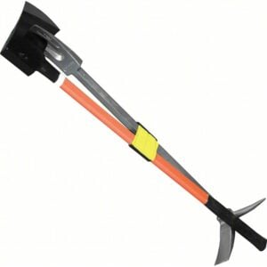 Ice axe with bright orange shaft and metal head, shown diagonally.