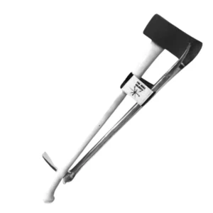 Forearm crutch with a padded handle and metal frame, angled for support while walking