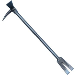 Ice axe with a curved pick and adze head, blue-gray metal shaft for mountaineering use