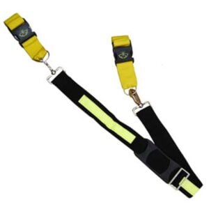 Two black-and-yellow safety lanyards with metal hooks for fall protection used to secure a worker’s harness