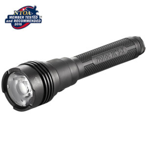 Black tactical flashlight with knurled grip and wide bezel, NTOA 2018 member badge in the top-left corner (promotional image).
