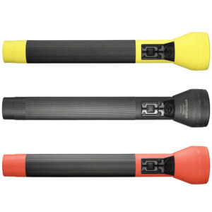 Three flashlights laid horizontally in a row: yellow at top, black in middle, and coral at bottom, each showing the side battery compartment and textured grip for secure handling.