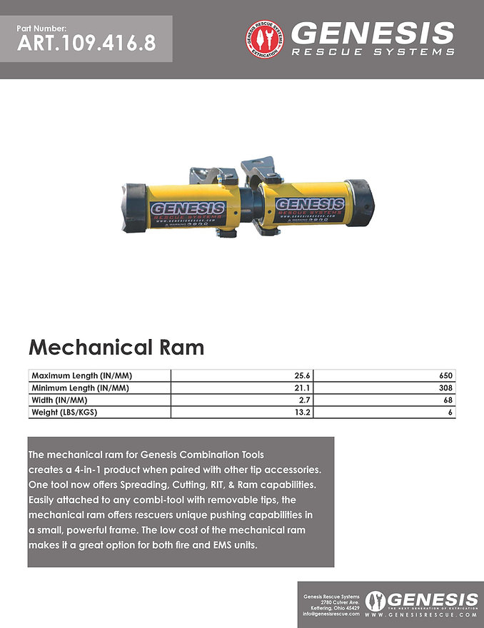 Genesis Rescue Systems mechanical ram (yellow) shown with mounting hardware, part of a 4-in-1 rescue tool set, alongside a specs table and description text on a white page.