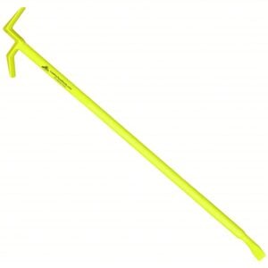 Bright yellow long crowbar-style pry bar with a two-pronged claw at the end used for prying or lifting