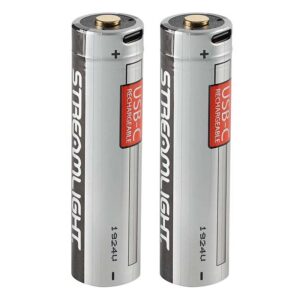 Two AA-sized USB-C rechargeable batteries standing upright side by side.