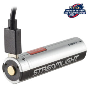 Rechargeable Streamlight 18650 battery with USB charging cable attached.