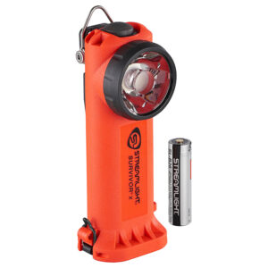 Orange Streamlight Survivor X flashlight with large front lens and AA battery beside it, ready for outdoor use.