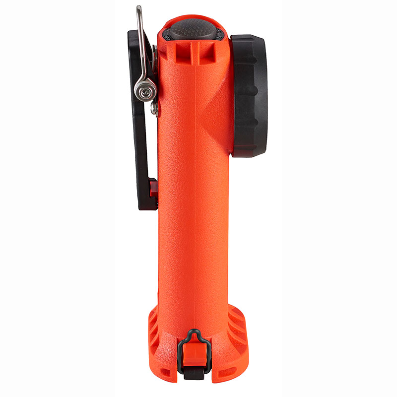 Side view of an orange handheld tool with a black top dial and a metal clamp on the left side.