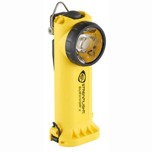 Yellow Streamlight Survivor X handheld flashlight with a large round beam head and metal hanging hook at the top.