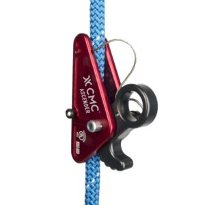 Red CMC Ascender attached to a bright blue climbing rope, used for rope ascent and belaying, shown from the side with a pulley and strap loop visible.