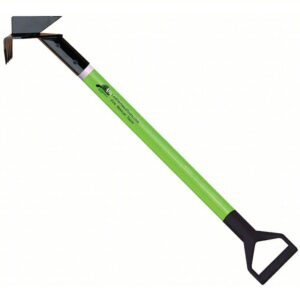 Long green-handled rescue tool with a black head featuring a flat blade and curved hook; D-shaped grip at the end.
