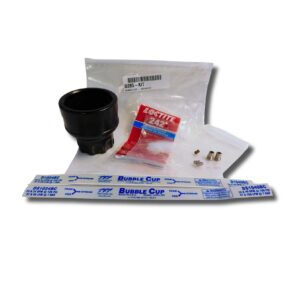 D285-KIT Bubble Cup repair kit contents: black plastic bubbler cup, Loctite 242 adhesive packet, small fittings, and springs on a white surface.