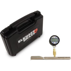 Portable Elkhart Brass test kit: black hard case with handle, and a digital pressure gauge attached to a brass adapter and flat probe