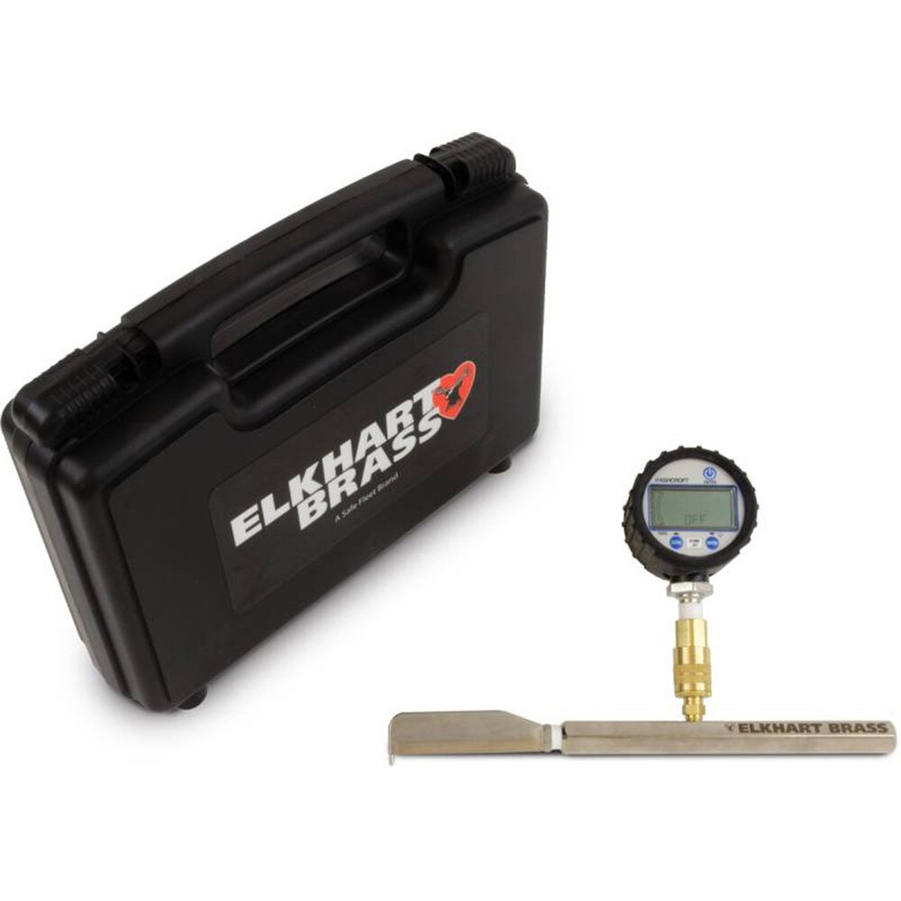 Portable Elkhart Brass test kit: black hard case with handle, and a digital pressure gauge attached to a brass adapter and flat probe