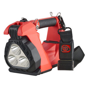 Red LED headlamp with three front LEDs and an adjustable black strap for outdoor use.
