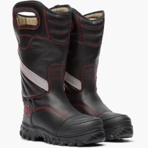 Pair of black mid-calf boots with red stitching, rugged rubber soles, and Velcro closures for winter wear (youth size).