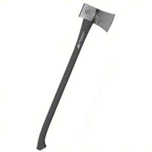 Full-length view of a black-handled axe with a metal head angled to the right, on a light background.