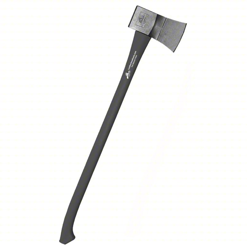 Full-length view of a black-handled axe with a metal head angled to the right, on a light background.