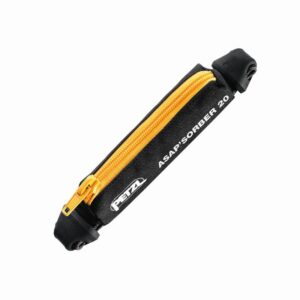 Petzl ASAP'SORBER 20 energy absorber for rope access, black with an orange zipper and white branding text.