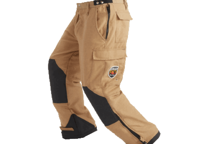 Tan cargo pants with multiple pockets and black knee guards, shown from waist to ankles in a close-up rigged shot