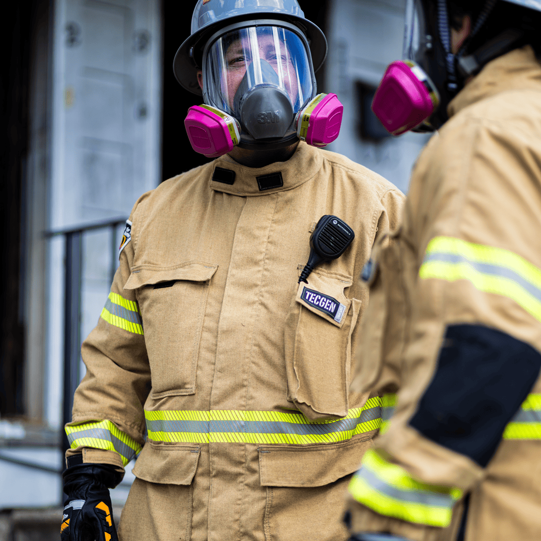 Fire-Dex investigation gear in action with respiration mask