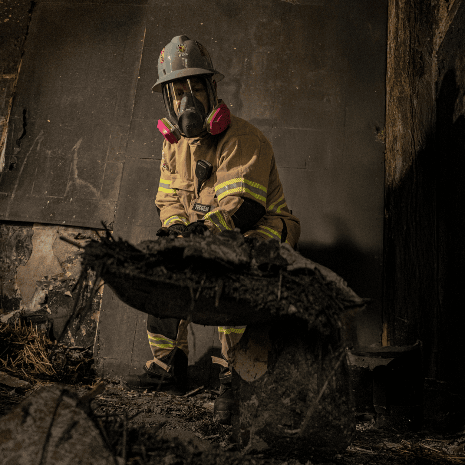 Fire-Dex investigation gear in action with respiration mask