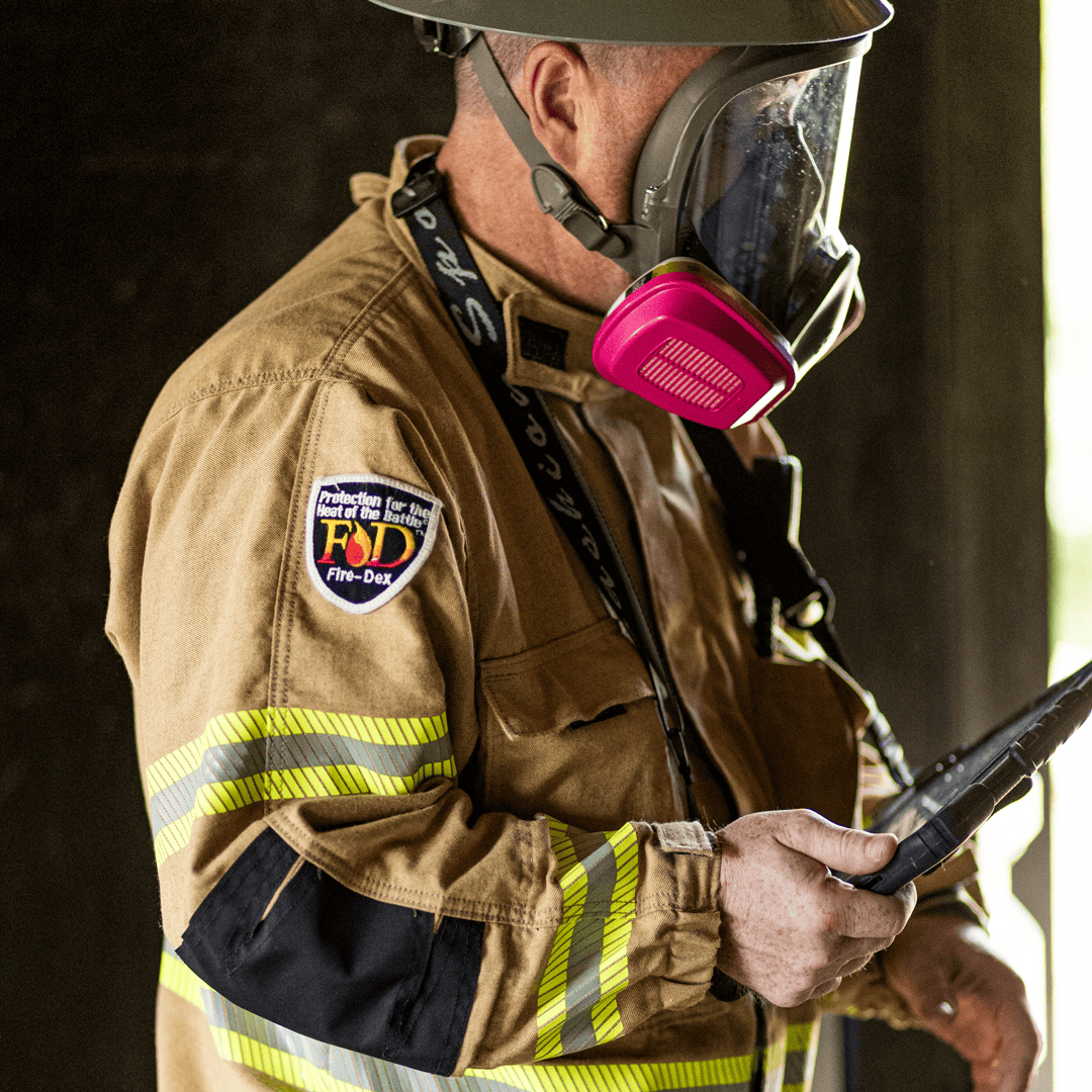 Fire-Dex investigation gear in action with respiration mask