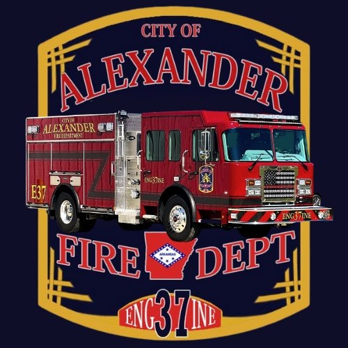 Red fire engine labeled 'City of Alexander Fire Dept' and 'Engine 37' on a dark background with a gold badge frame behind it.