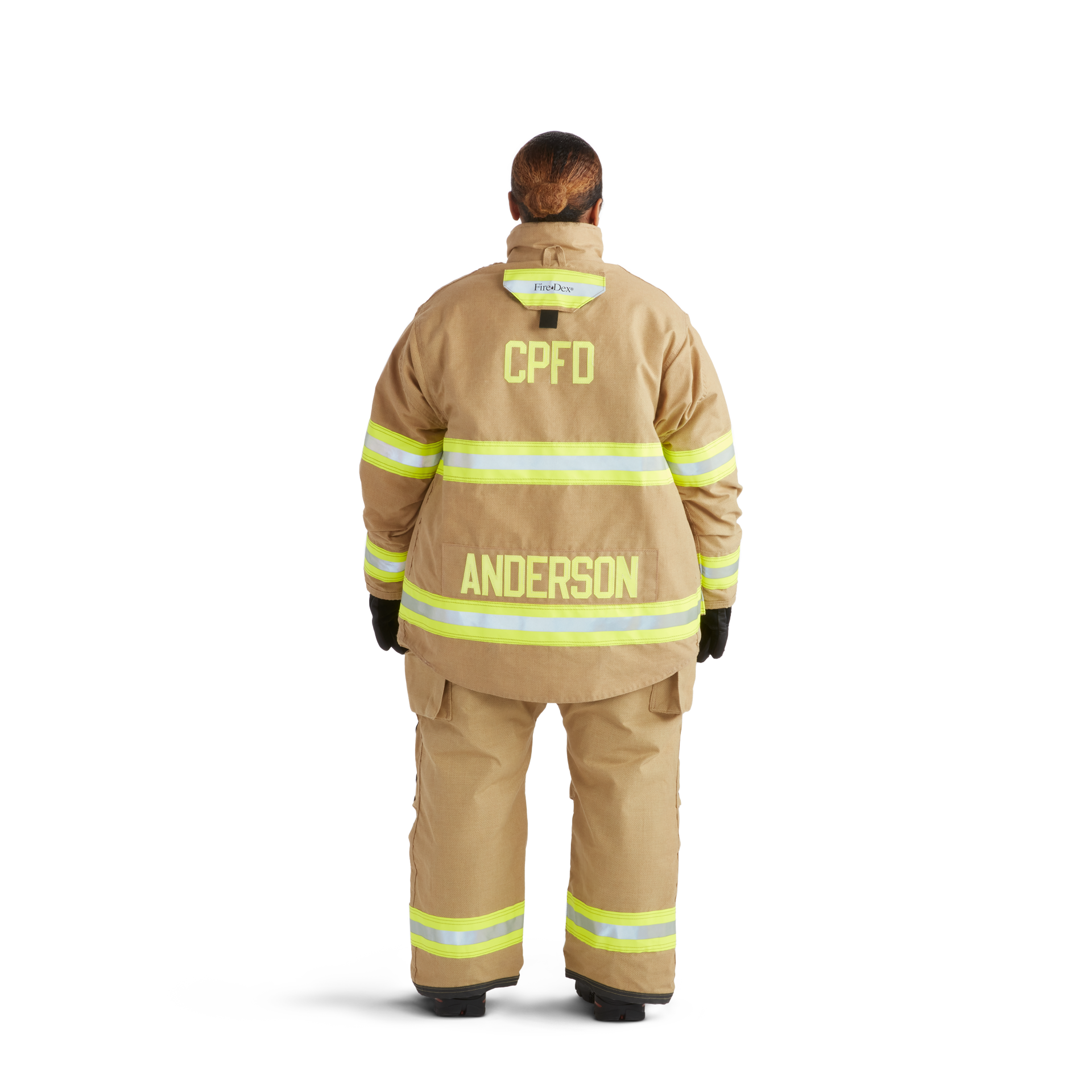 Back view of a firefighter in tan turnout gear with neon stripes, the name 'ANDERSON' on the lower back.