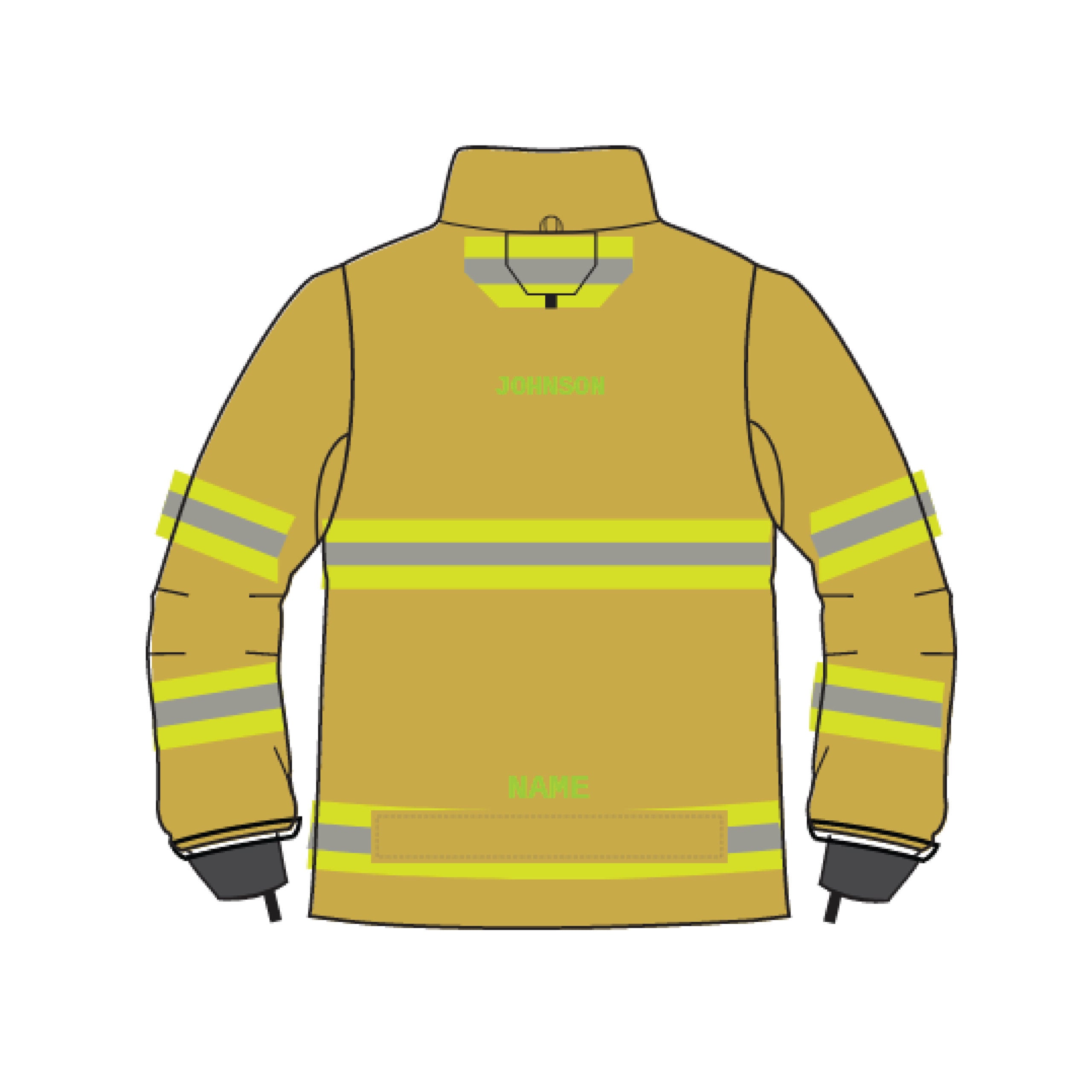 Back view of a firefighter in yellow turnout gear with reflective stripes and the name 'JOHNSON'.