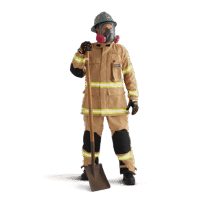 Firefighter in full turnout gear holding a shovel, ready for duty.