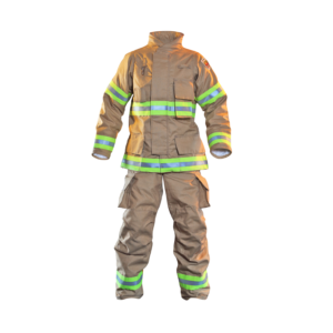 Full firefighter turnout gear on a mannequin: tan coat and pants with neon lime and silver reflective stripes for visibility during emergencies.