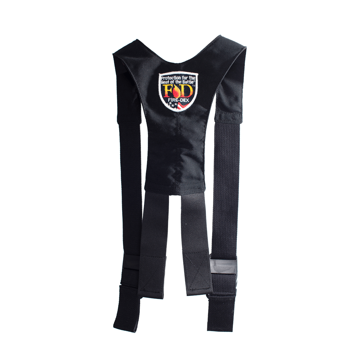 Black adjustable safety vest with long waist straps and an FD Fire-Dex patch on the chest area.