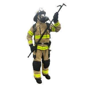 Firefighter in full turnout gear, helmet and breathing apparatus, raising a long halligan pry tool.
