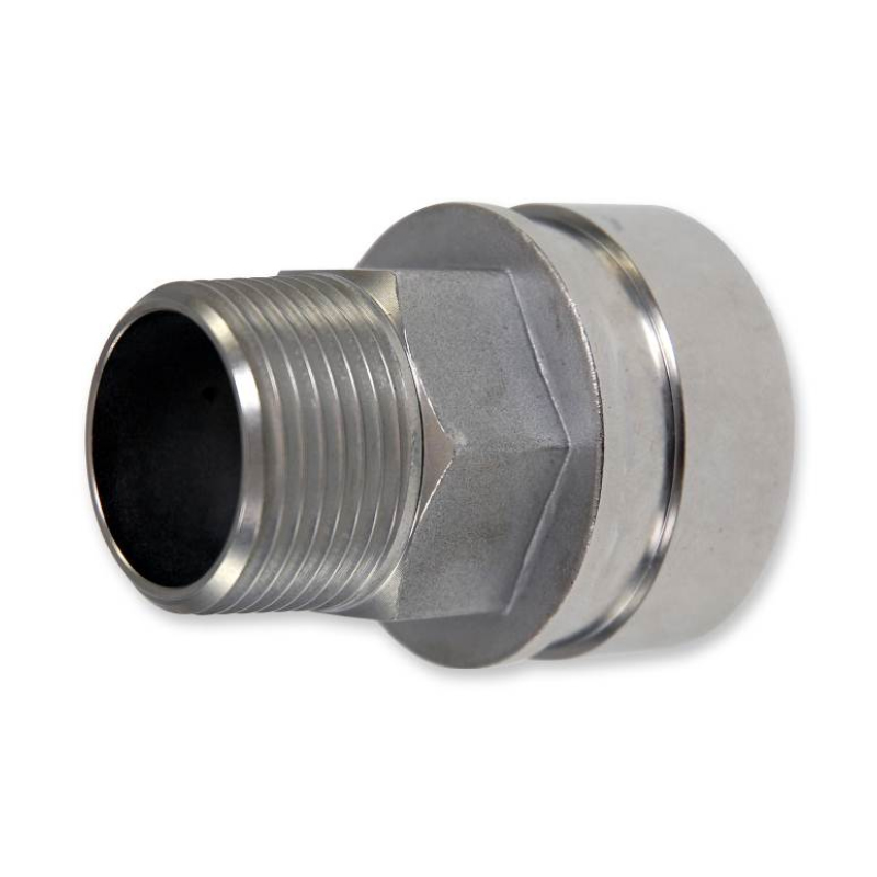 Metal male threaded pipe fitting with hexagonal nut and flange end.