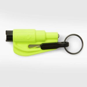Bright neon-green car escape tool with a keyring, used to cut seatbelts and break glass in emergencies.