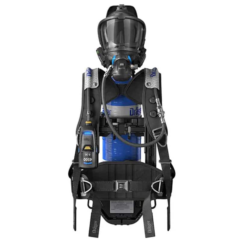 Full scuba diving rig with a back-mounted blue gas cylinder, black harness, and a full-face mask on a neutral mannequin or diver form.