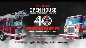 Promotional banner for 25th Annual Open House at Banner Fire Equipment with red fire trucks on either side and a dark background.