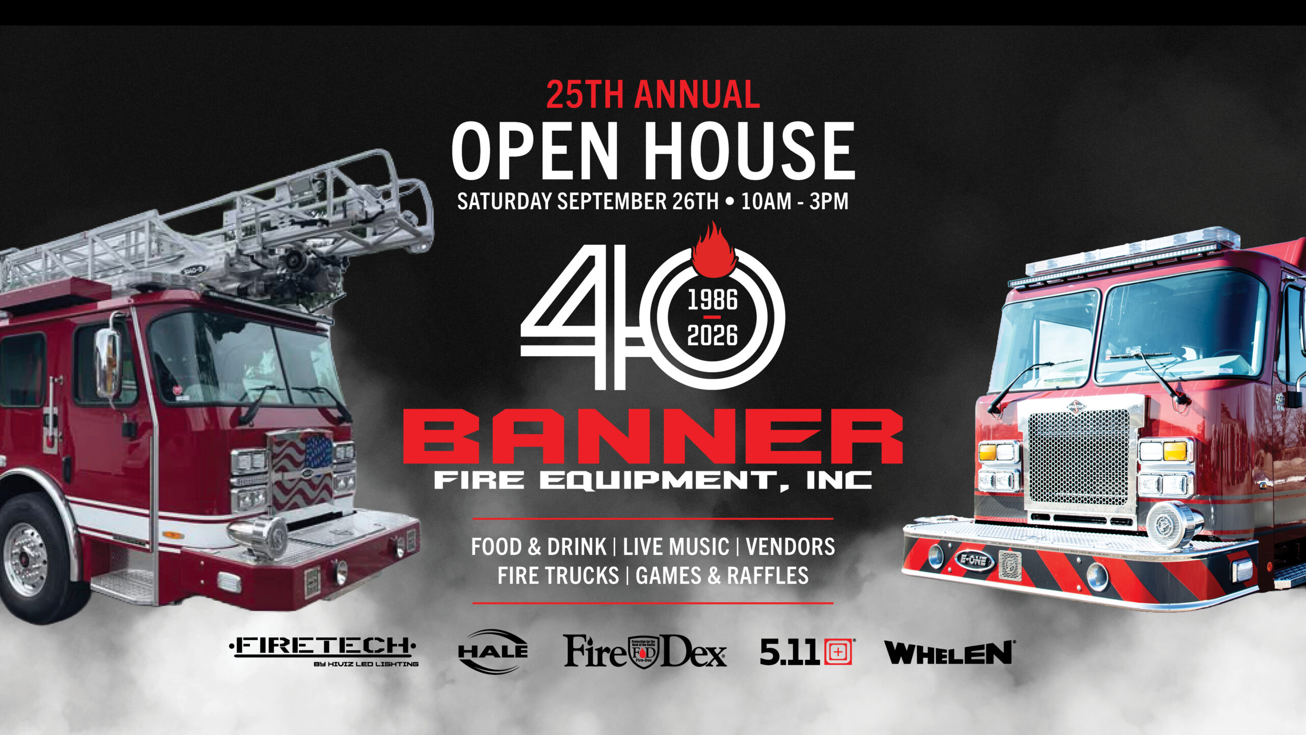 Promotional banner for 25th Annual Open House at Banner Fire Equipment with red fire trucks on either side and a dark background.