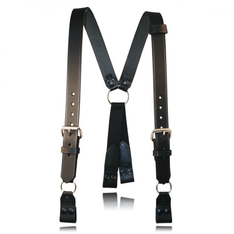 Close-up of a black nylon safety harness with shoulder straps and metal buckles.