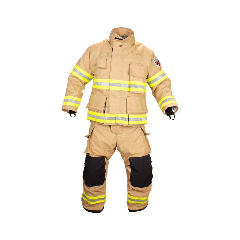 Firefighter turnout gear (jacket and pants) in tan with reflective yellow stripes and black knee patches, full suit ready for use.