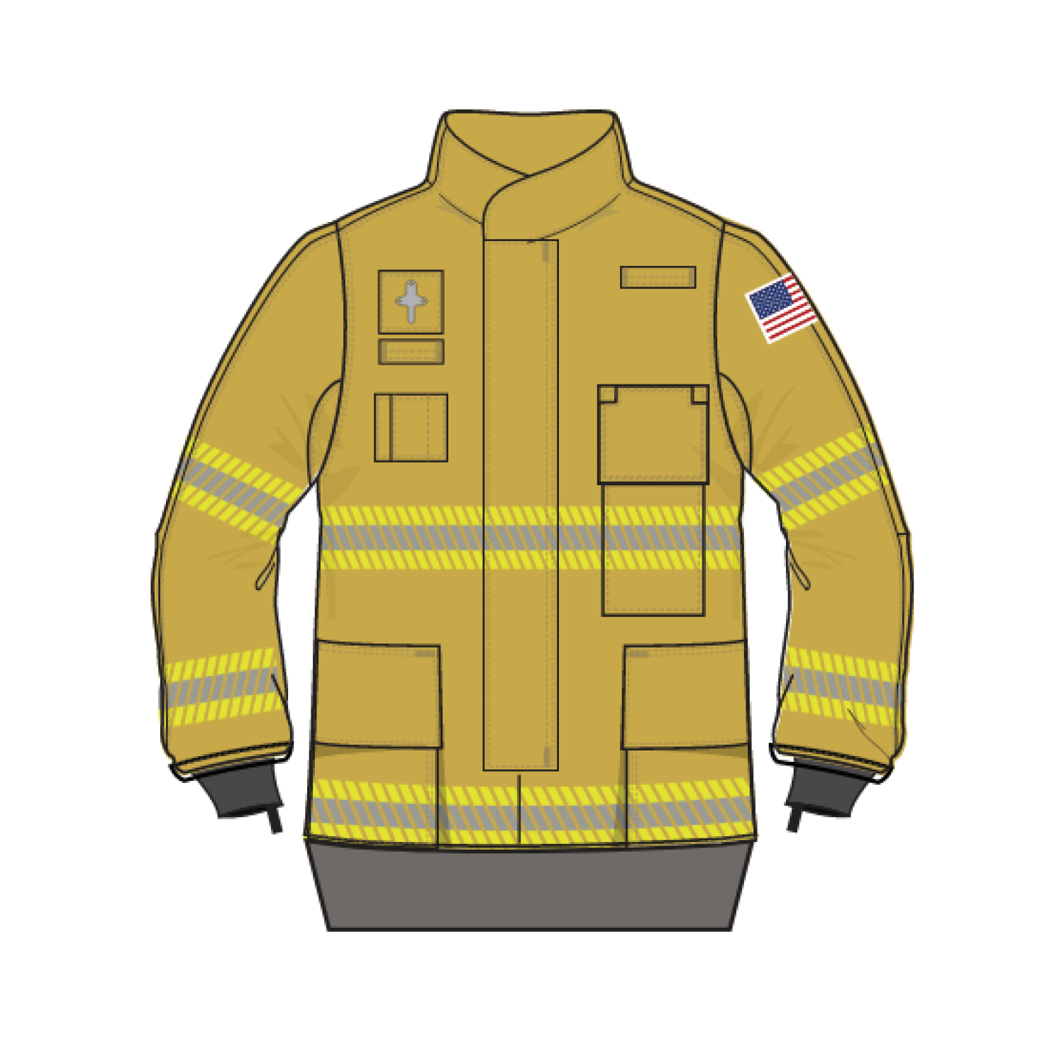 Turnout jacket for firefighters: tan coat with yellow reflective stripes and multiple pockets, US flag patch on the right sleeve