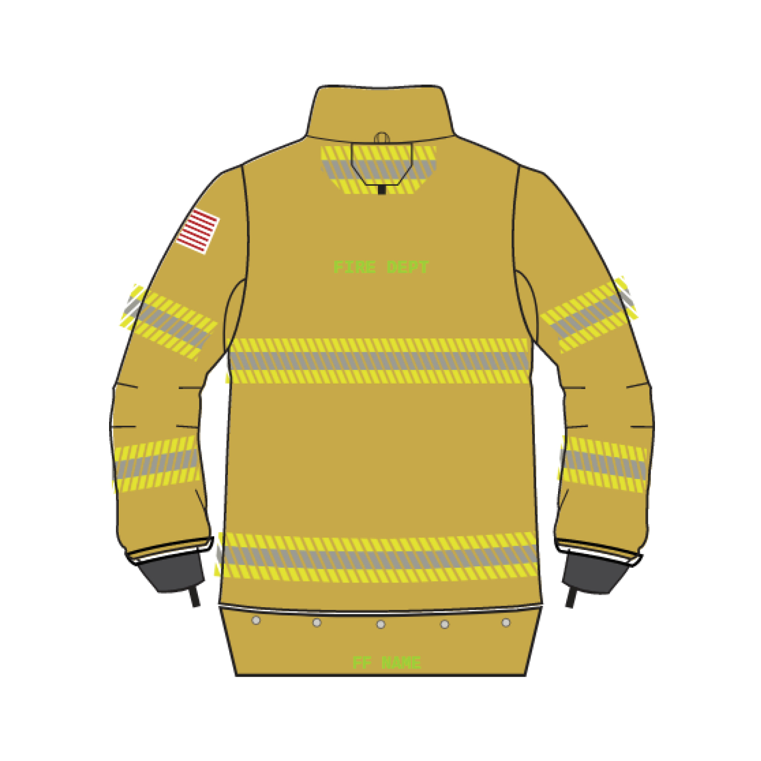 Illustration of a tan firefighter turnout coat with reflective yellow stripes and an American flag patch on the left sleeve, viewed from behind/side.