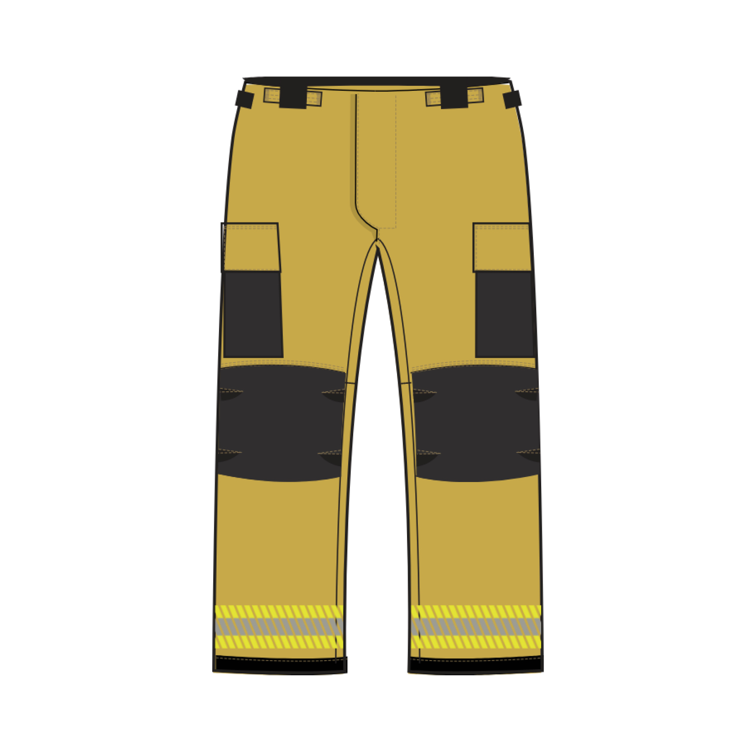 Tan cargo work pants with black knee patches and reflective yellow stripes at the cuffs