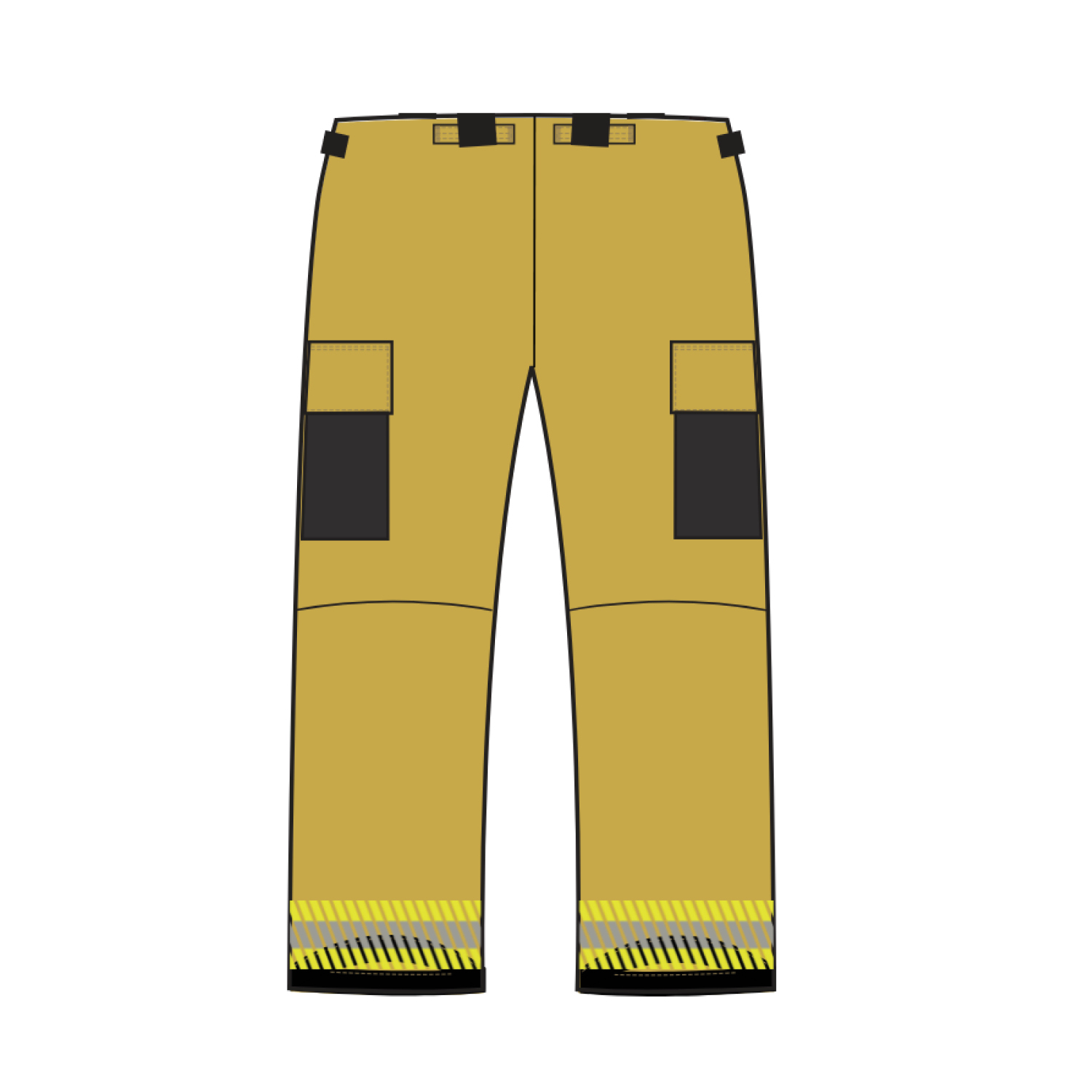 Turnout firefighter pants: yellow trousers with cargo pockets, knee areas, and reflective striped cuffs.