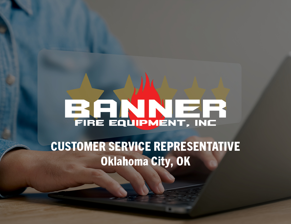 Banner for Banner Fire Equipment, Inc. announcing a Customer Service Representative position in Oklahoma City, OK, with a person typing on a laptop in the background